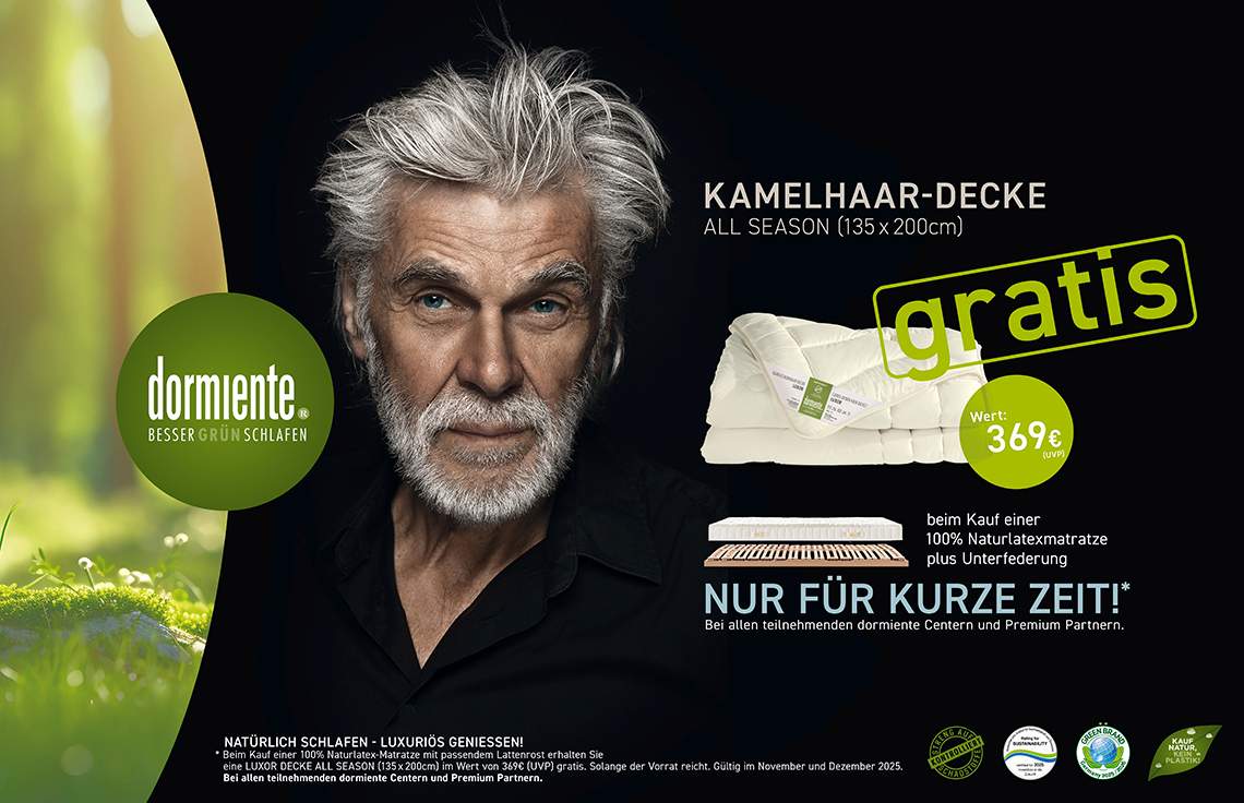 NATÜRLICH SCHLAFEN - LUXURIÖS GENIESSEN! * Beim Kauf einer 100% Naturlatexmatratze mit passendem Lattenrost ethalten Sie eine LUXOR DECKE ALL SEASON (135 x 200 cm) im Wert von 369,-€ gtatis. Solange der Vorrat reicht. Gültig im November und Dezember 2025.
